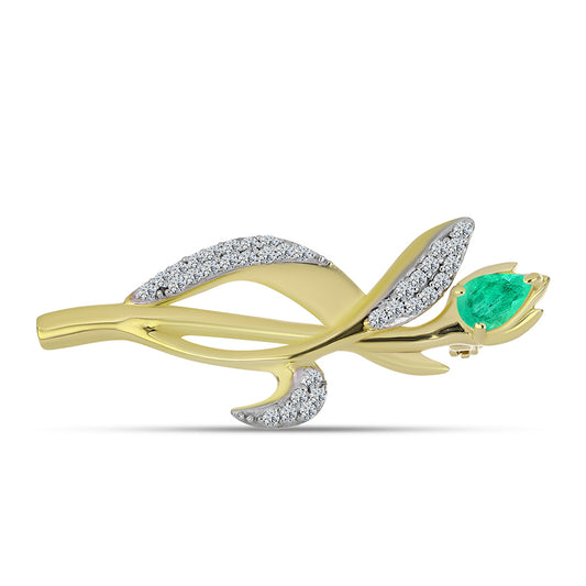 Broszka srebrny pozłacany z kolumbijskim szmaragdem i białym diamentem