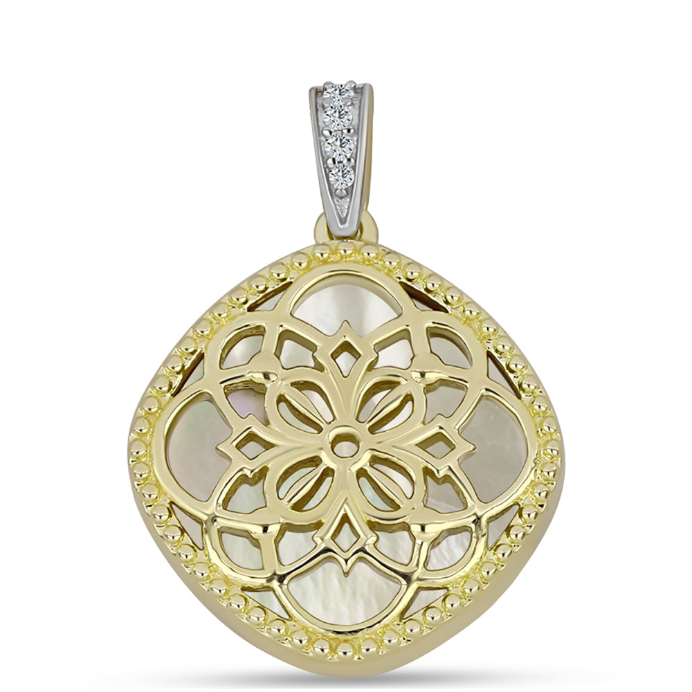 Zawieszka srebrna pozłacana z matką pereł i białym topazem