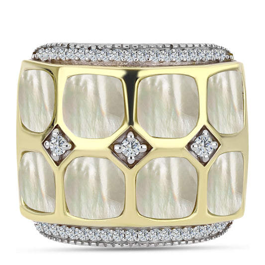 Pierścionek srebrny pozłacany z matką pereł i białym topazem