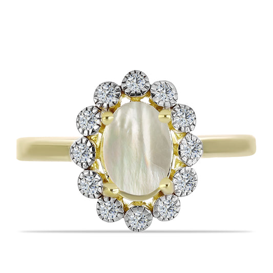 Pierścionek srebrny pozłacany z matką pereł i białym topazem