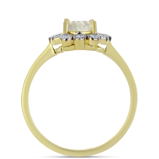 Pierścionek srebrny pozłacany z matką pereł i białym topazem