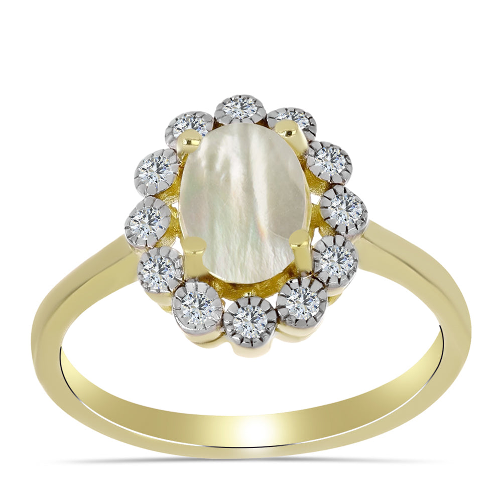 Pierścionek srebrny pozłacany z matką pereł i białym topazem