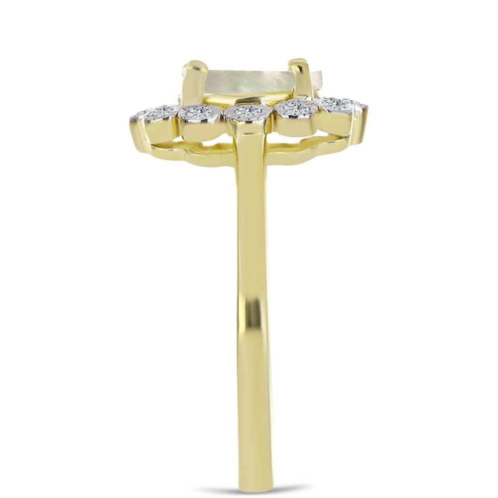 Pierścionek srebrny pozłacany z matką pereł i białym topazem