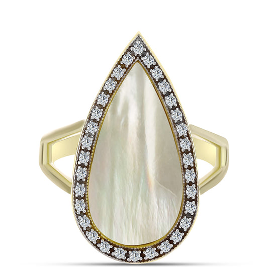 Pierścionek srebrny pozłacany z matką pereł i białym topazem