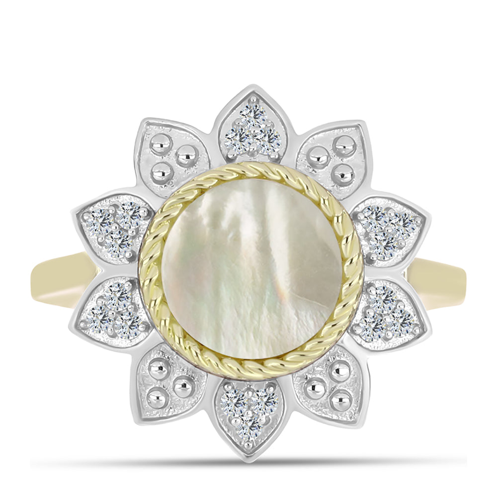 Pierścionek srebrny pozłacany z matką pereł i białym topazem