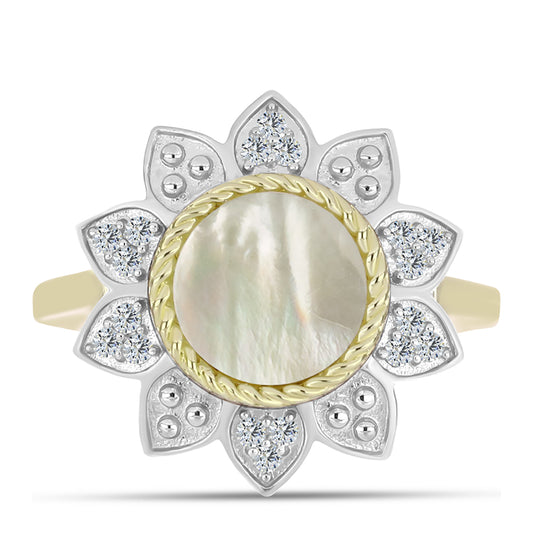 Pierścionek srebrny pozłacany z matką pereł i białym topazem