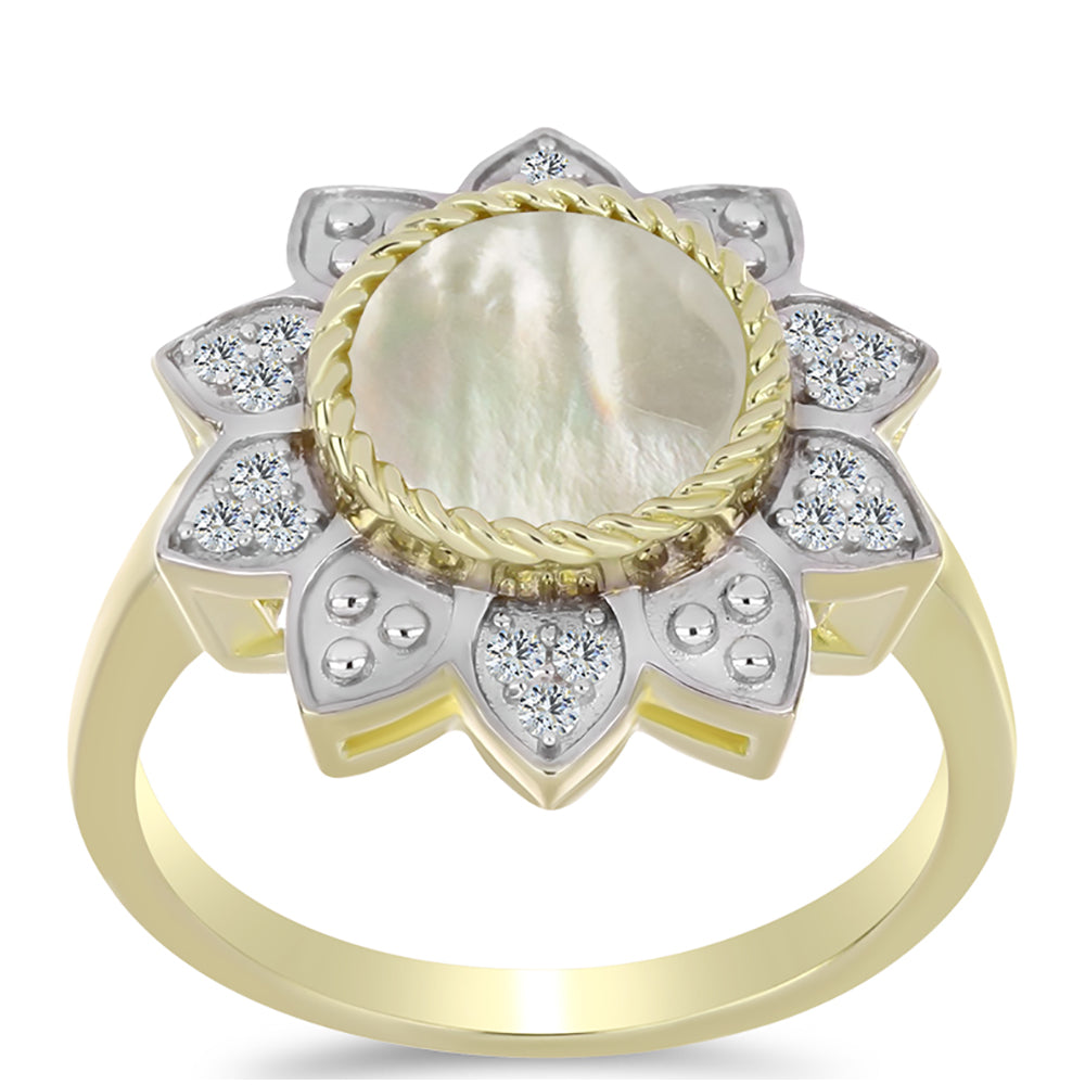 Pierścionek srebrny pozłacany z matką pereł i białym topazem