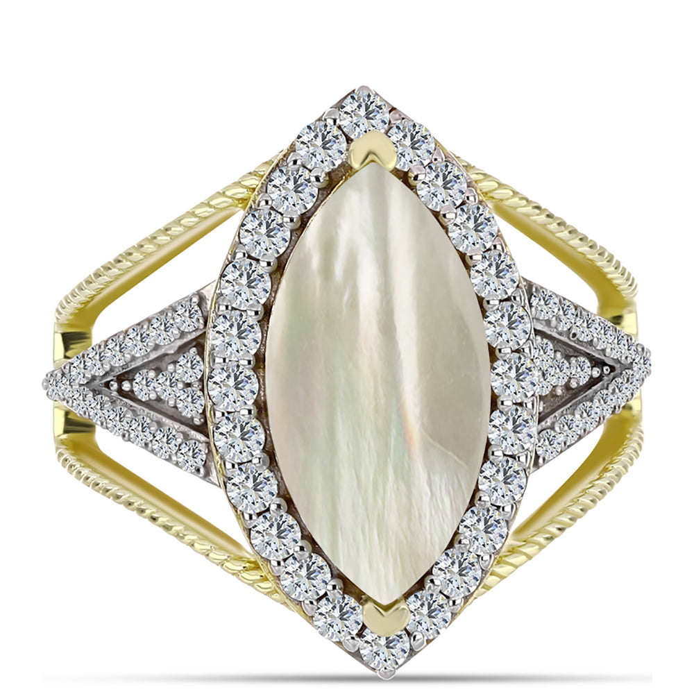 Pierścionek srebrny pozłacany z matką pereł i białym topazem