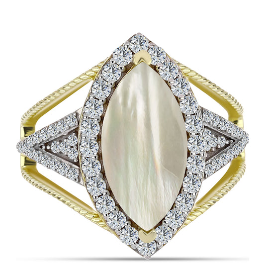 Pierścionek srebrny pozłacany z matką pereł i białym topazem