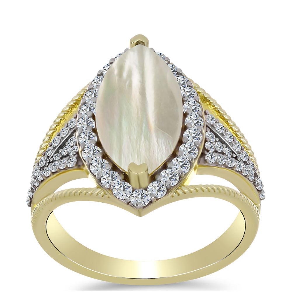 Pierścionek srebrny pozłacany z matką pereł i białym topazem