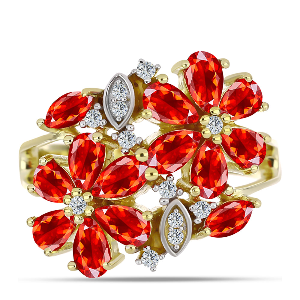 Pierścionek srebrny pozłacany z czerwonym opalem etiopskim i białym topazem