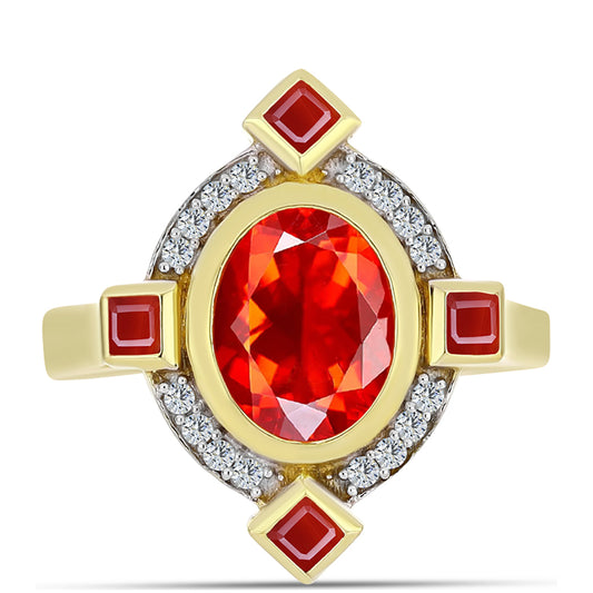 Pierścionek srebrny pozłacany z czerwonym opalem etiopskim i białym topazem