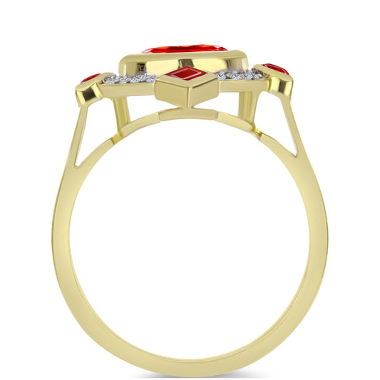 Pierścionek srebrny pozłacany z czerwonym opalem etiopskim i białym topazem