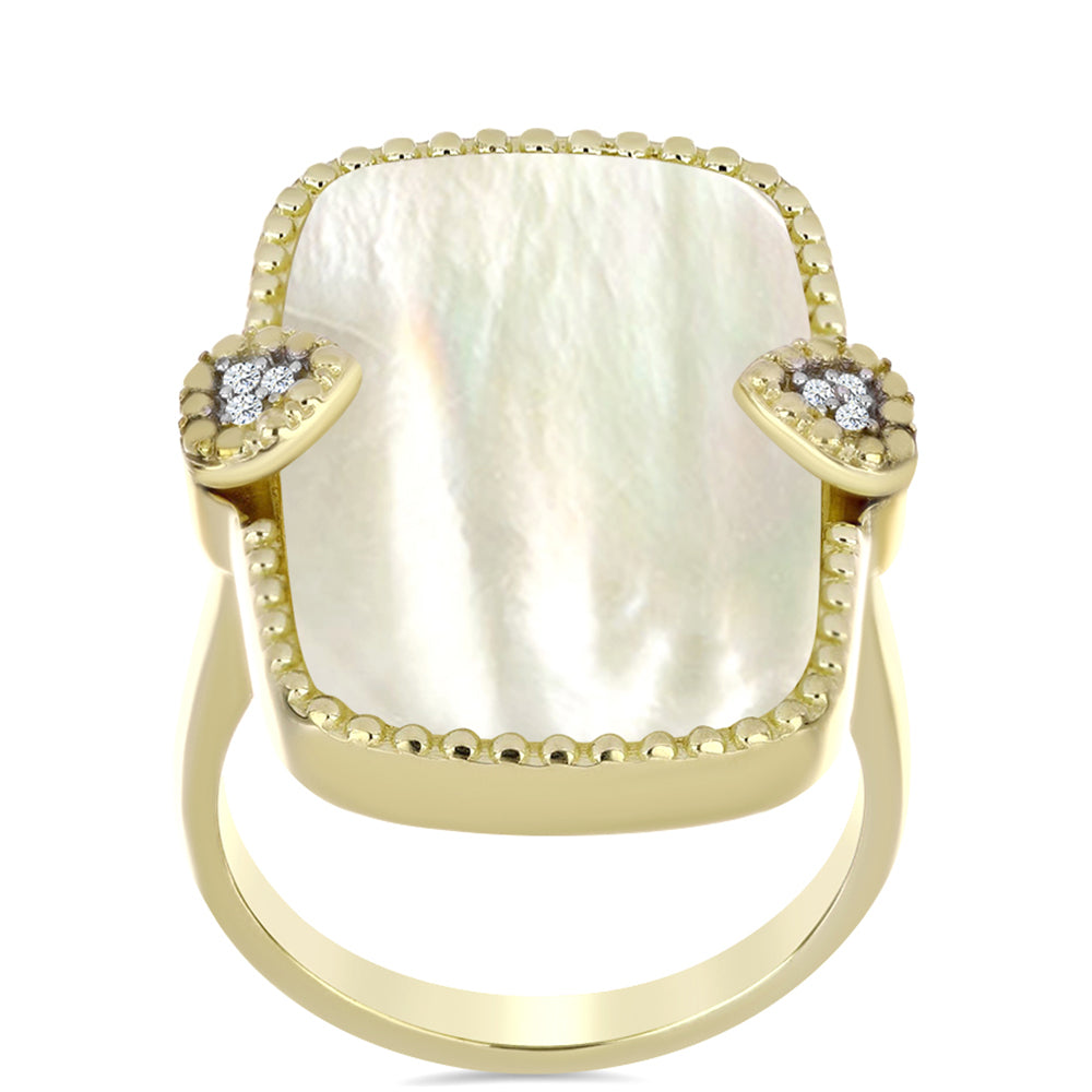 Pierścionek srebrny pozłacany z matką pereł i białym topazem