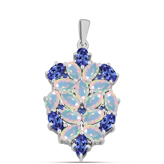 Zawieszka ze srebra próba 925 z tanzanitem klasy AAA i białym etiopskim opalem