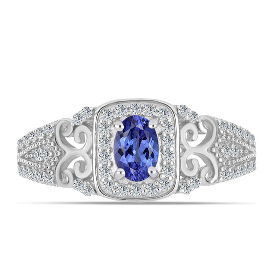 Pierścionek ze srebra próby 925 z tanzanitem klasy AAA i białym topazem