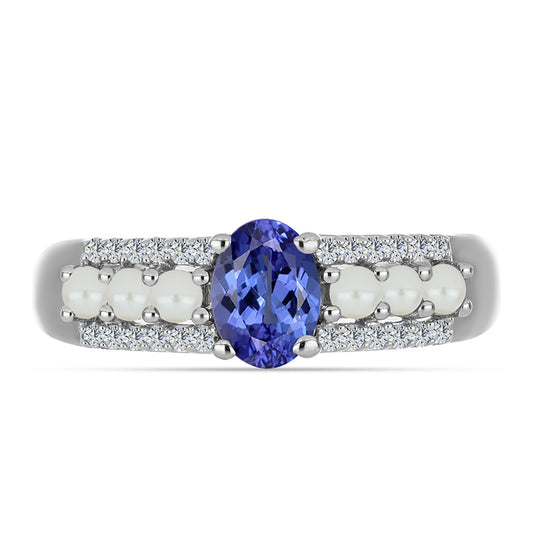 Pierścionek ze srebra próby 925 z tanzanitem klasy AAA i białą perłą słodkowodną