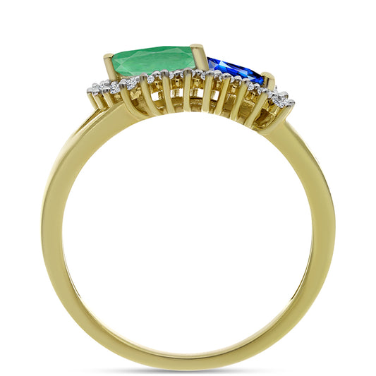 Pierścionek srebrny pozłacany z australijskim niebieskim szafirem i brazylijskim szmaragdem