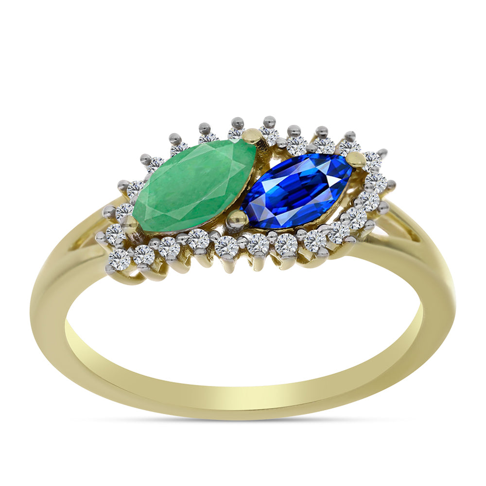 Pierścionek srebrny pozłacany z australijskim niebieskim szafirem i brazylijskim szmaragdem