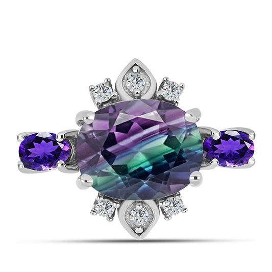 Pierścionek ze srebra próby 925 z fluorytem Zebra i marokańskim ametystem