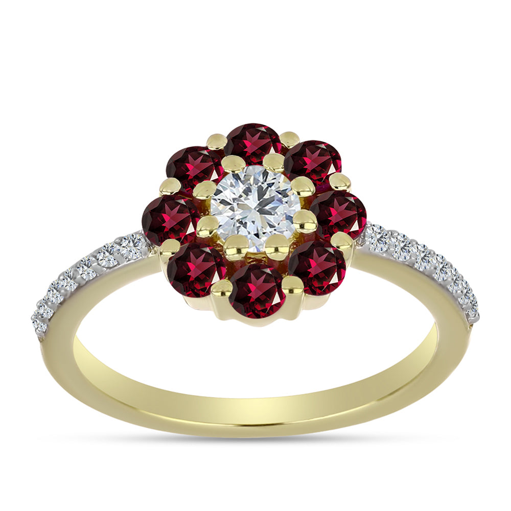 Pierścionek srebrny pozłacany z granatem rodolitem i białym topazem