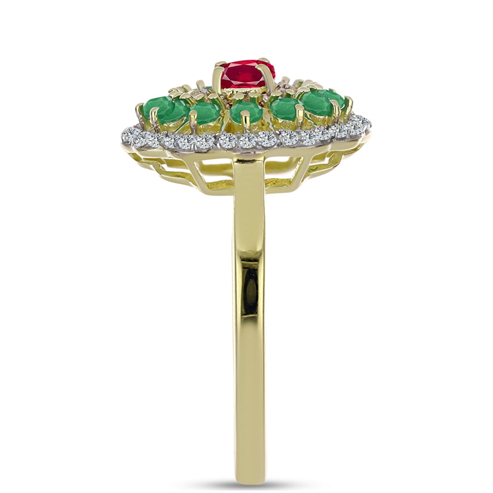 Pierścionek srebrny pozłacany z malgaskim rubinem i brazylijskim szmaragdem