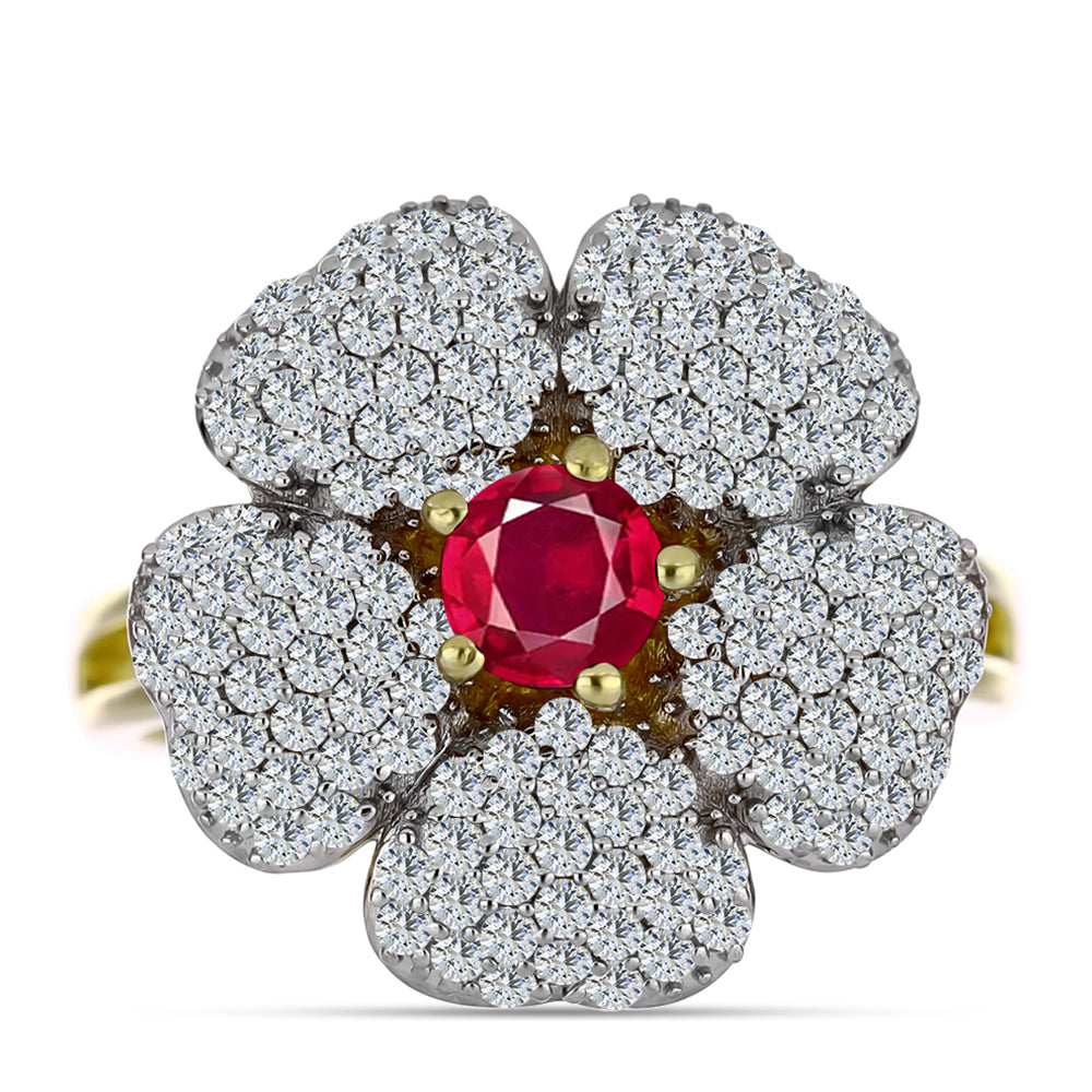 Pierścionek srebrny pozłacany z malgaskim rubinem i białym topazem