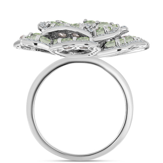 Pierścionek ze srebra próby 925 z zielonym ametystem i białym topazem