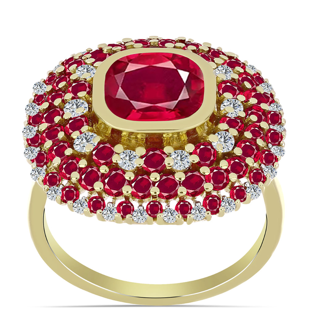 Pierścionek srebrny pozłacany z malgaskim rubinem i białym topazem