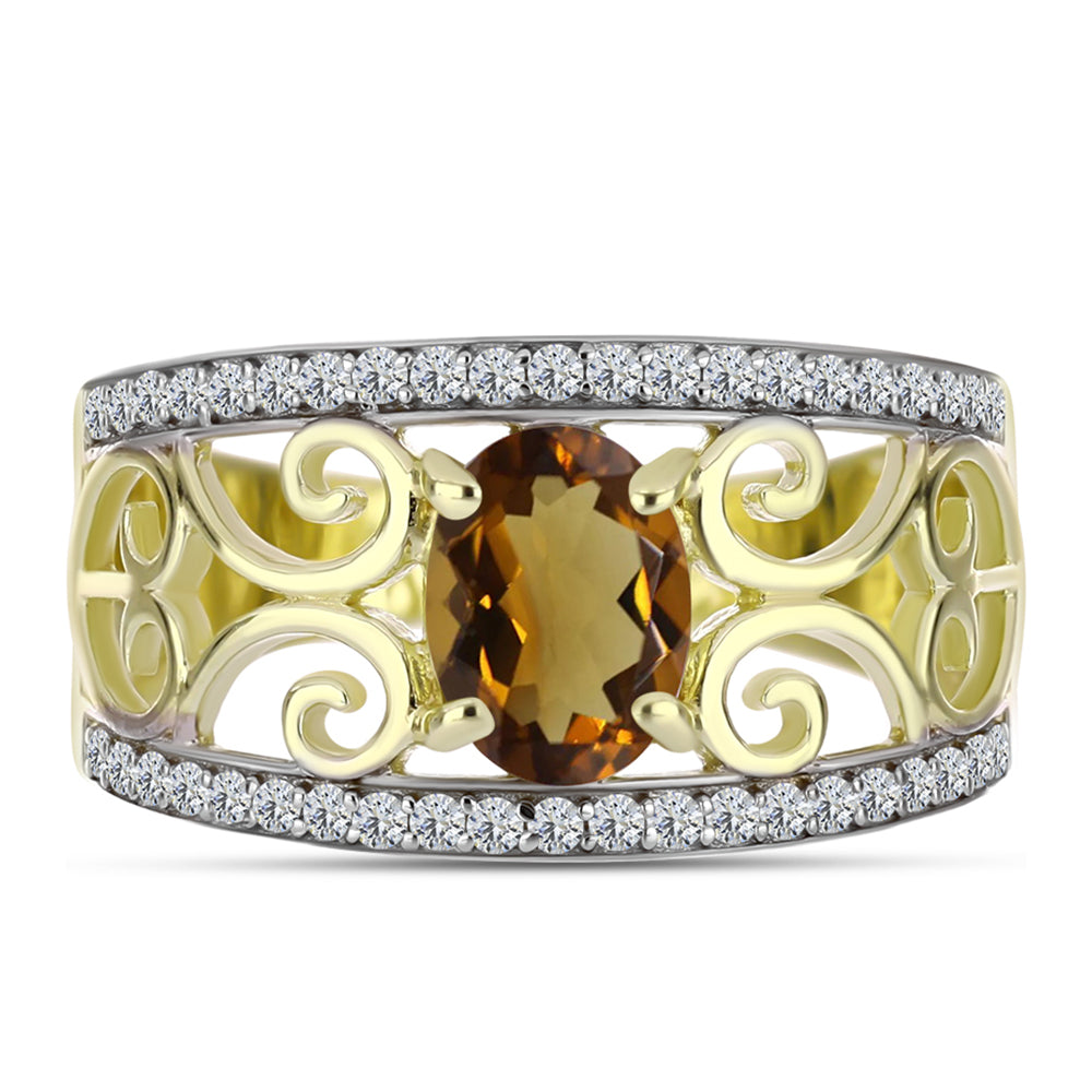 Pierścionek srebrny pozłacany z koniakowym kwarcem i białym topazem