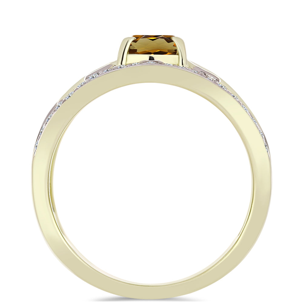 Pierścionek srebrny pozłacany z koniakowym kwarcem i białym topazem