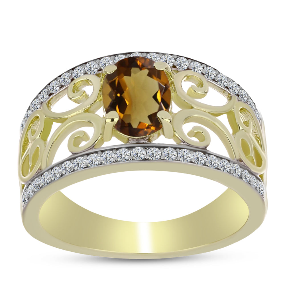 Pierścionek srebrny pozłacany z koniakowym kwarcem i białym topazem