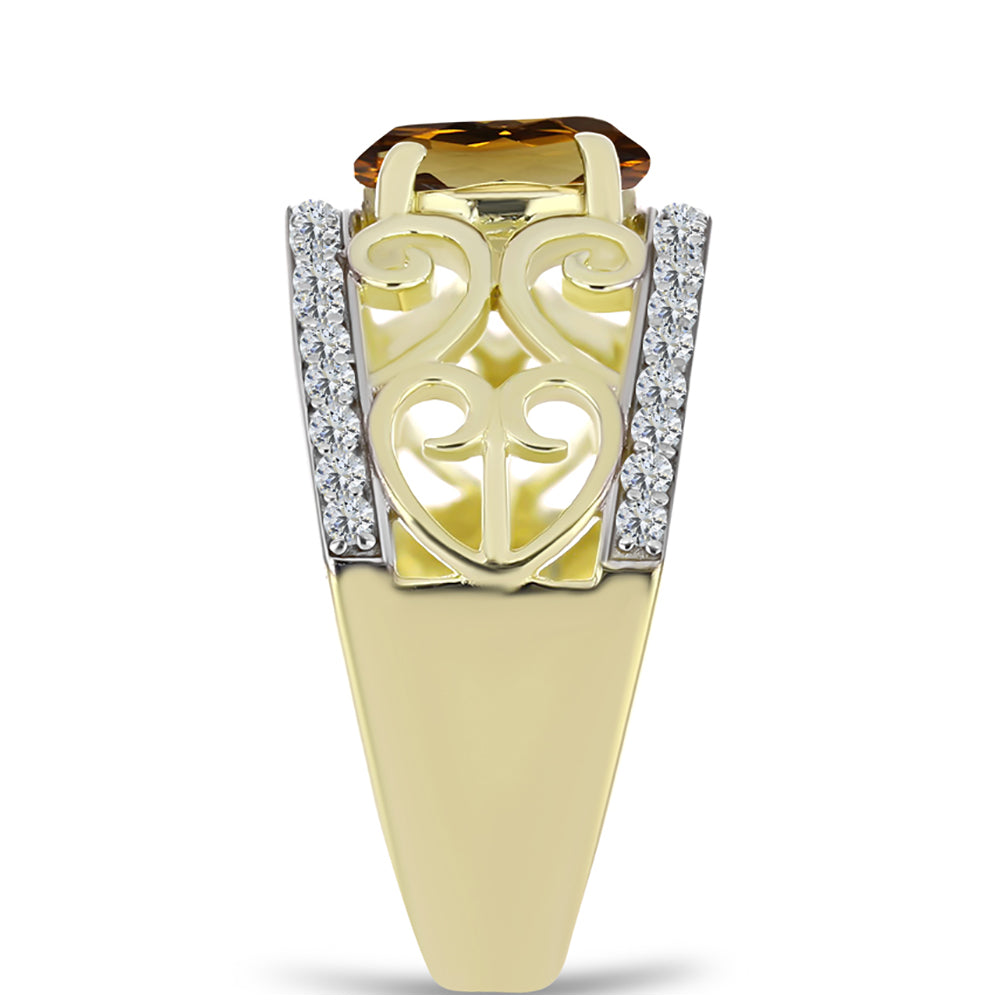 Pierścionek srebrny pozłacany z koniakowym kwarcem i białym topazem