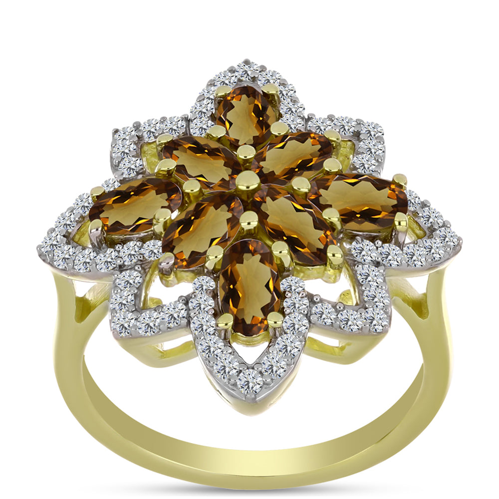 Pierścionek srebrny pozłacany z koniakowym kwarcem i białym topazem