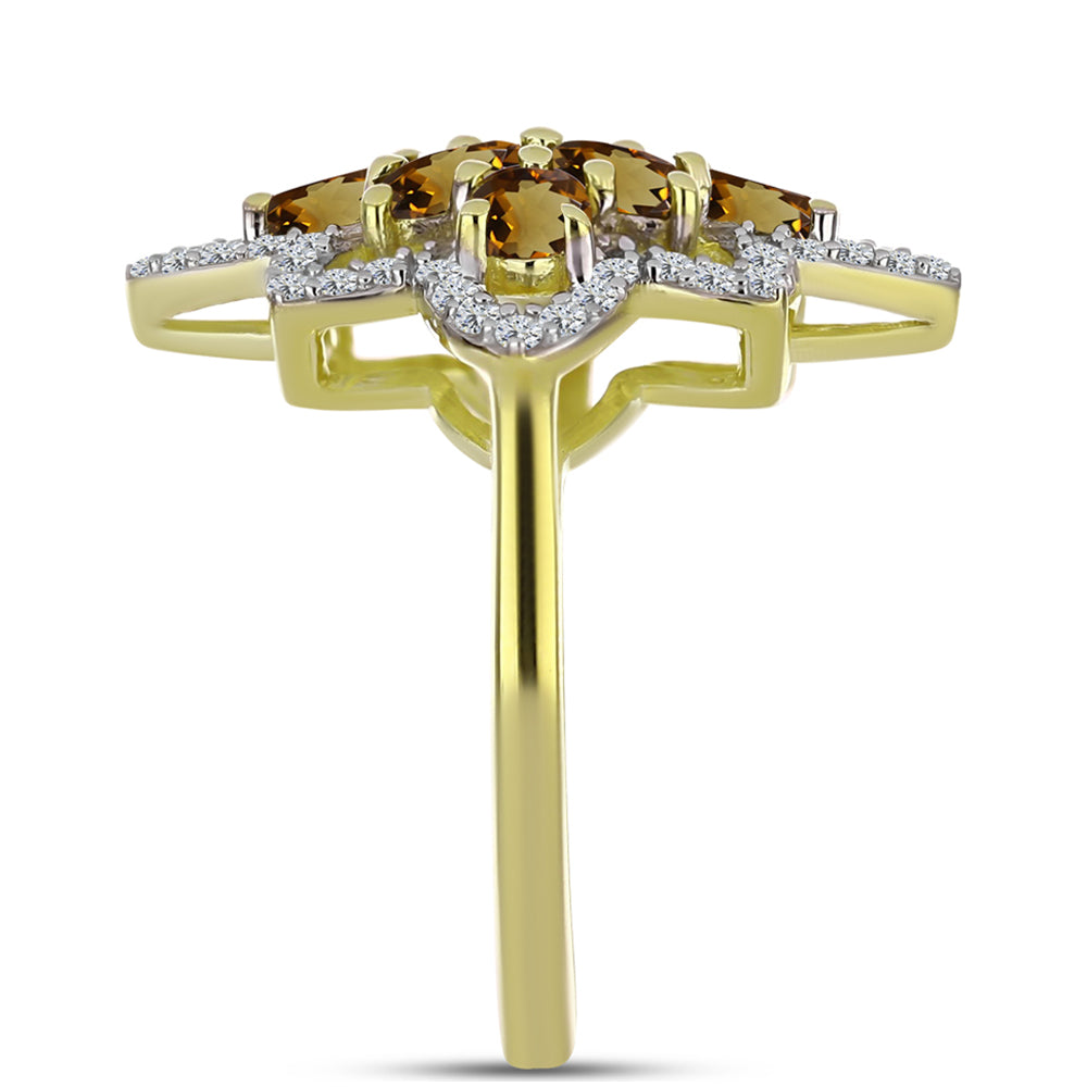 Pierścionek srebrny pozłacany z koniakowym kwarcem i białym topazem