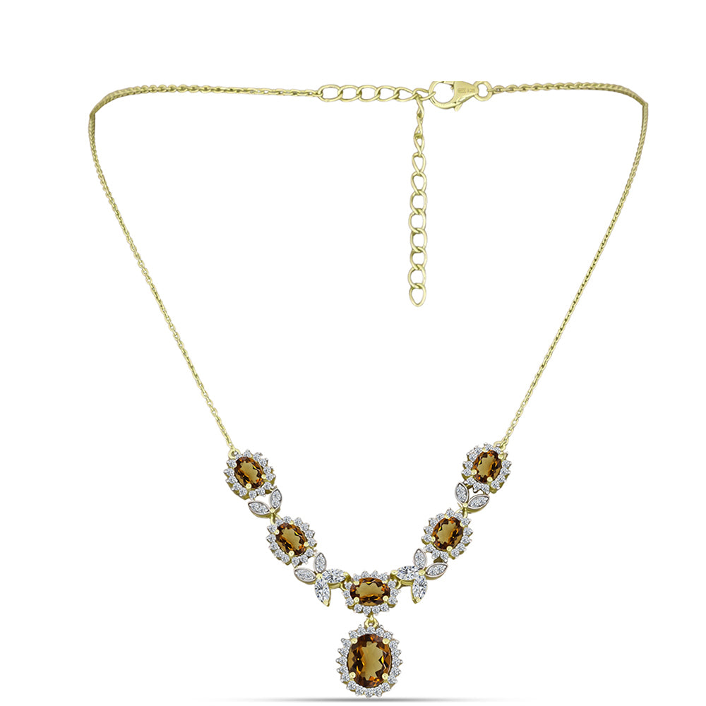 Naszyjnik srebrny pozłacany z koniakowym kwarcem i białym topazem