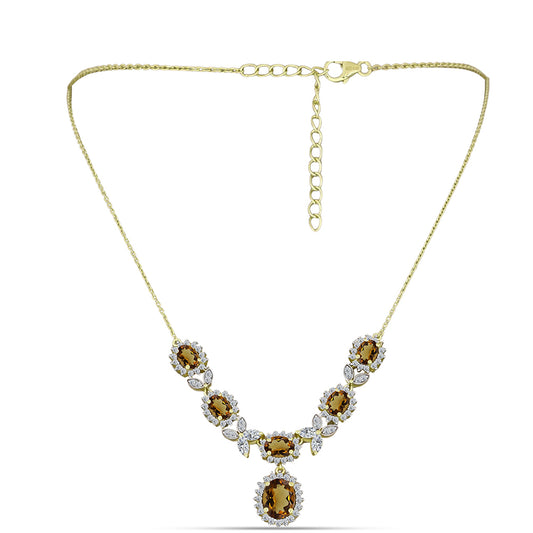 Naszyjnik srebrny pozłacany z koniakowym kwarcem i białym topazem