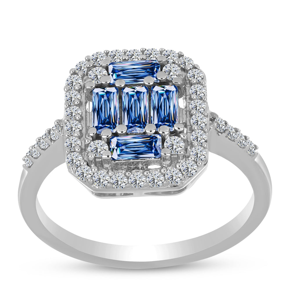 Pierścionek ze srebra próby 925 z moissanitem w kolorze oceanicznym i białym topazem