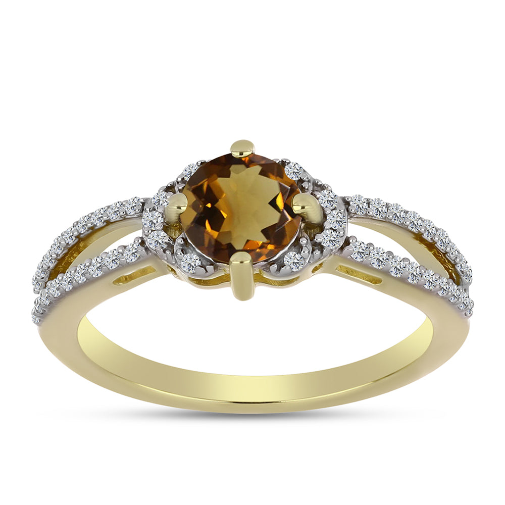 Pierścionek srebrny pozłacany z koniakowym kwarcem i białym topazem