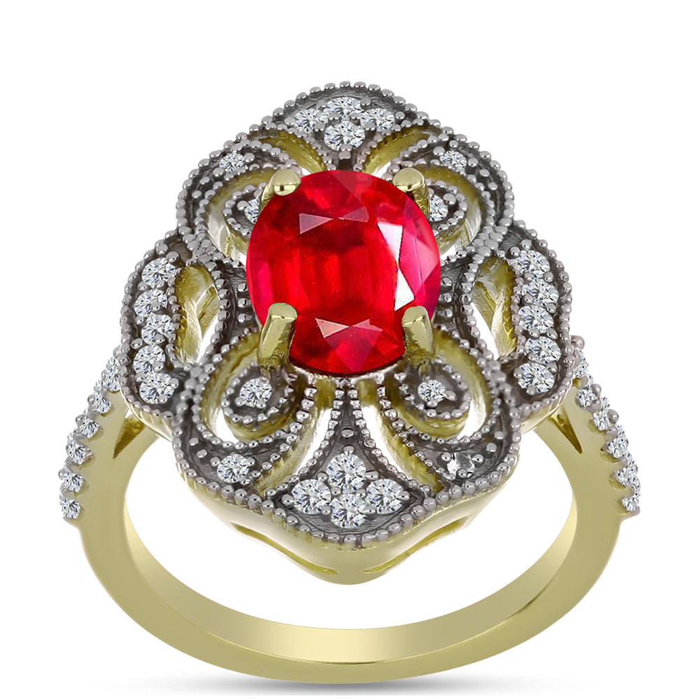 Pierścionek srebrny pozłacany z czerwonym agatem i białym topazem