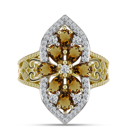 Pierścionek srebrny pozłacany z koniakowym kwarcem i białym topazem