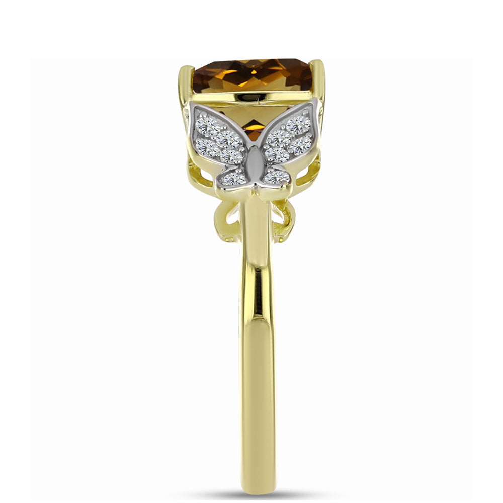 Pierścionek srebrny pozłacany z koniakowym kwarcem i białym topazem