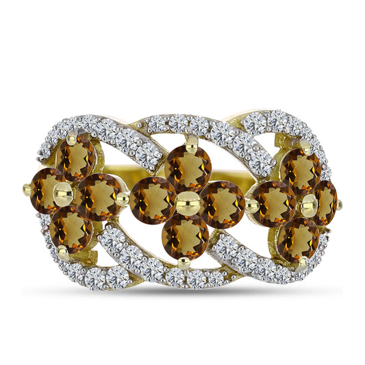 Pierścionek srebrny pozłacany z koniakowym kwarcem i białym topazem