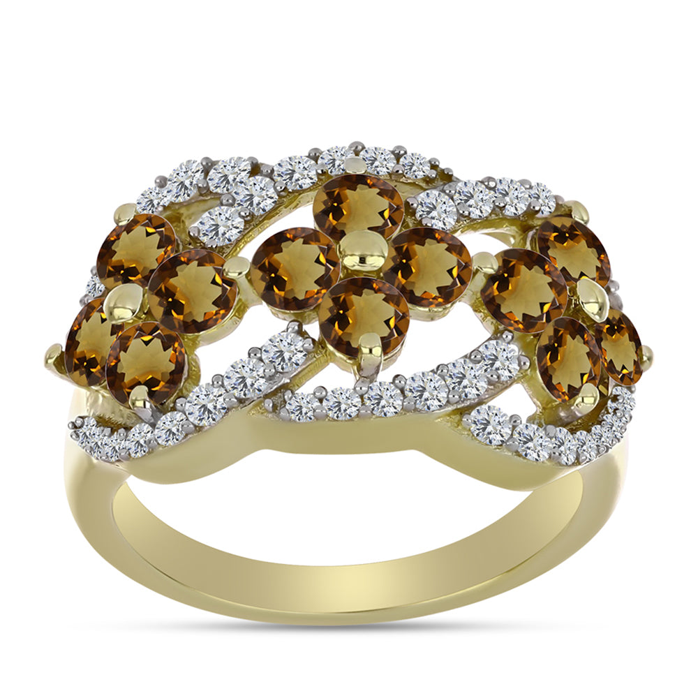 Pierścionek srebrny pozłacany z koniakowym kwarcem i białym topazem