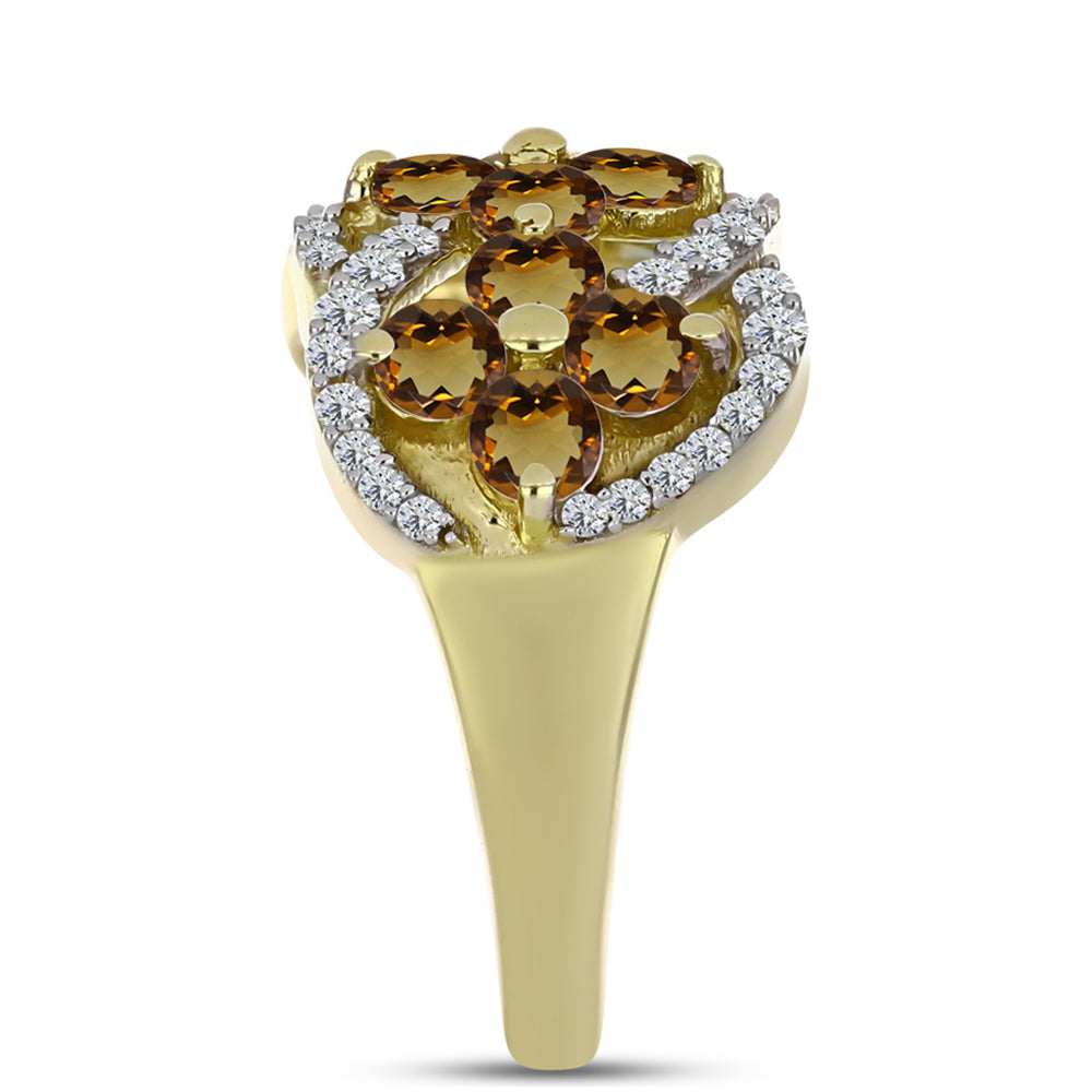 Pierścionek srebrny pozłacany z koniakowym kwarcem i białym topazem