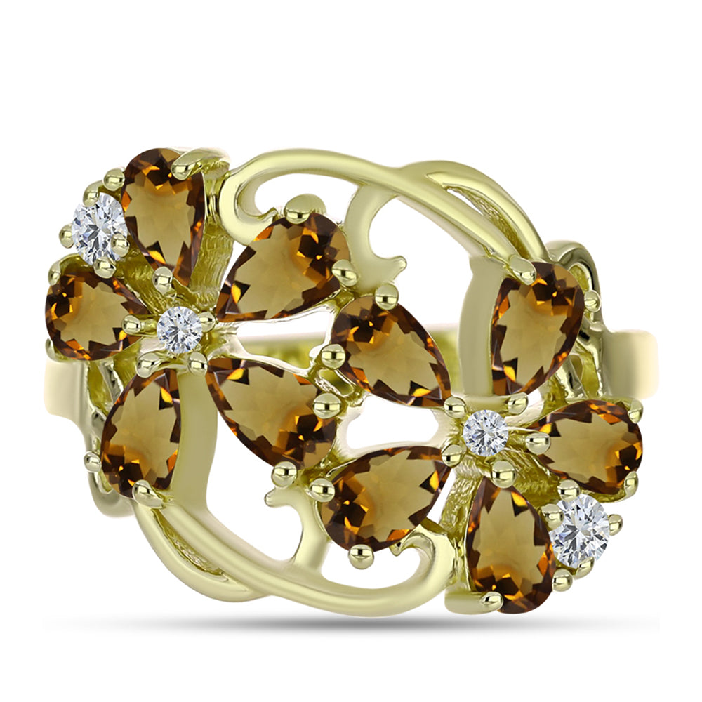 Pierścionek srebrny pozłacany z koniakowym kwarcem i białym topazem