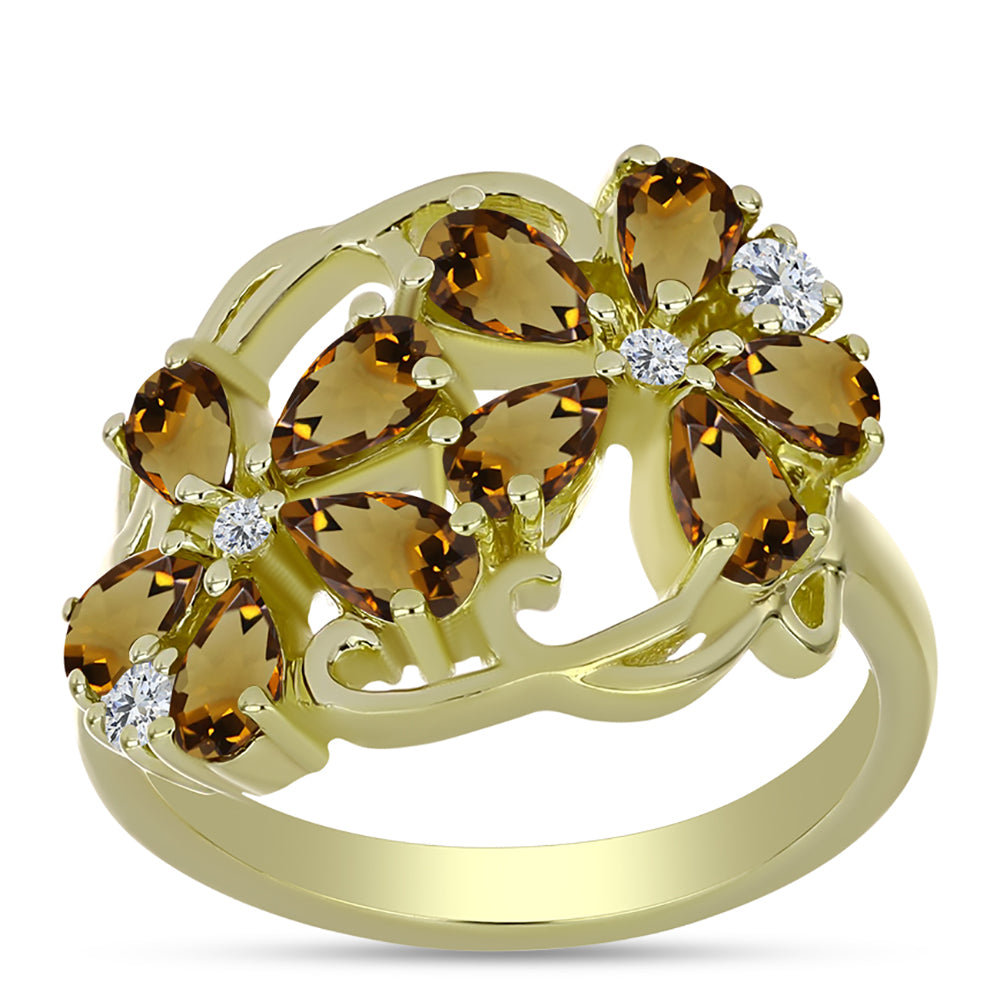 Pierścionek srebrny pozłacany z koniakowym kwarcem i białym topazem