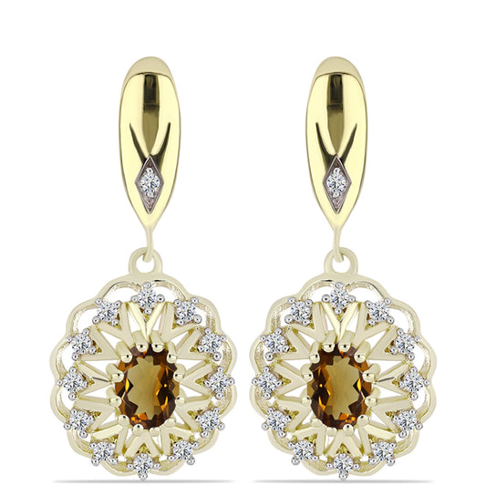 Kolczyki srebrne pozłacane z koniakowym kwarcem i białym topazem