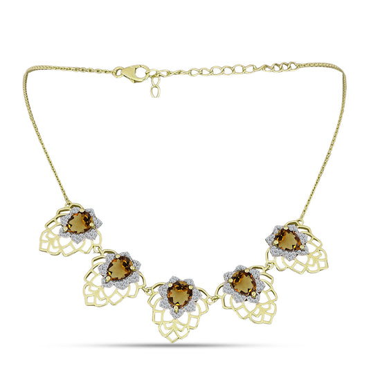 Naszyjnik srebrny pozłacany z koniakowym kwarcem i białym topazem