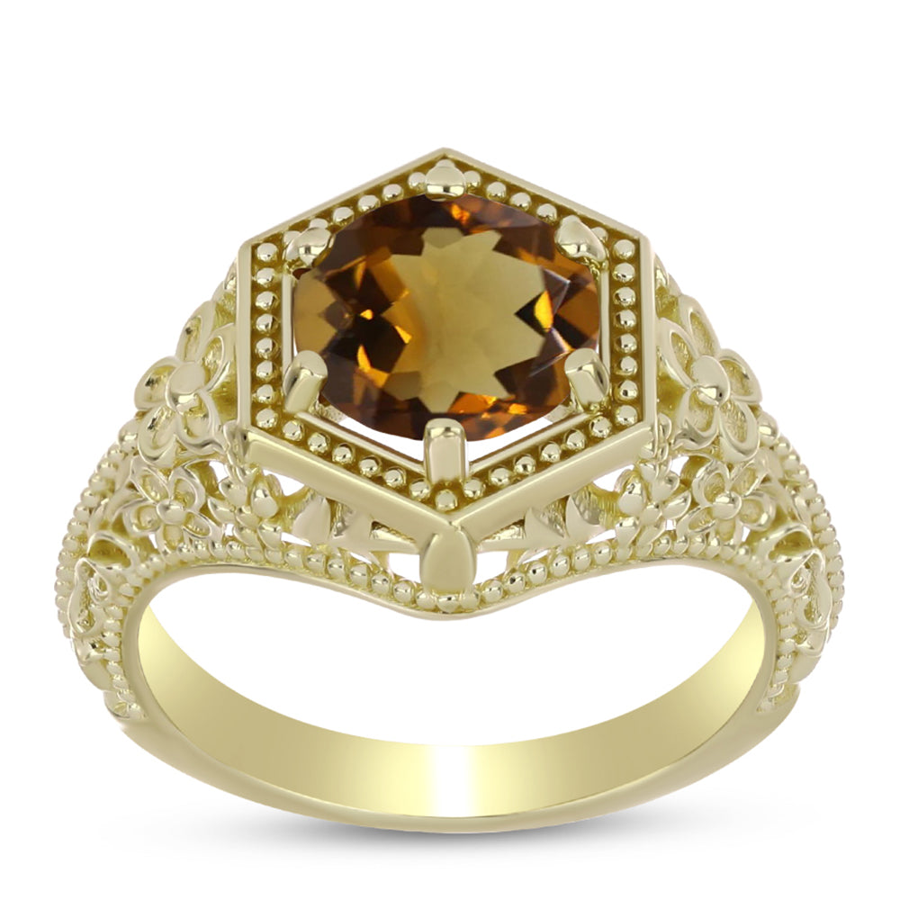 Pierścionek srebrny pozłacany z koniakowym kwarcem